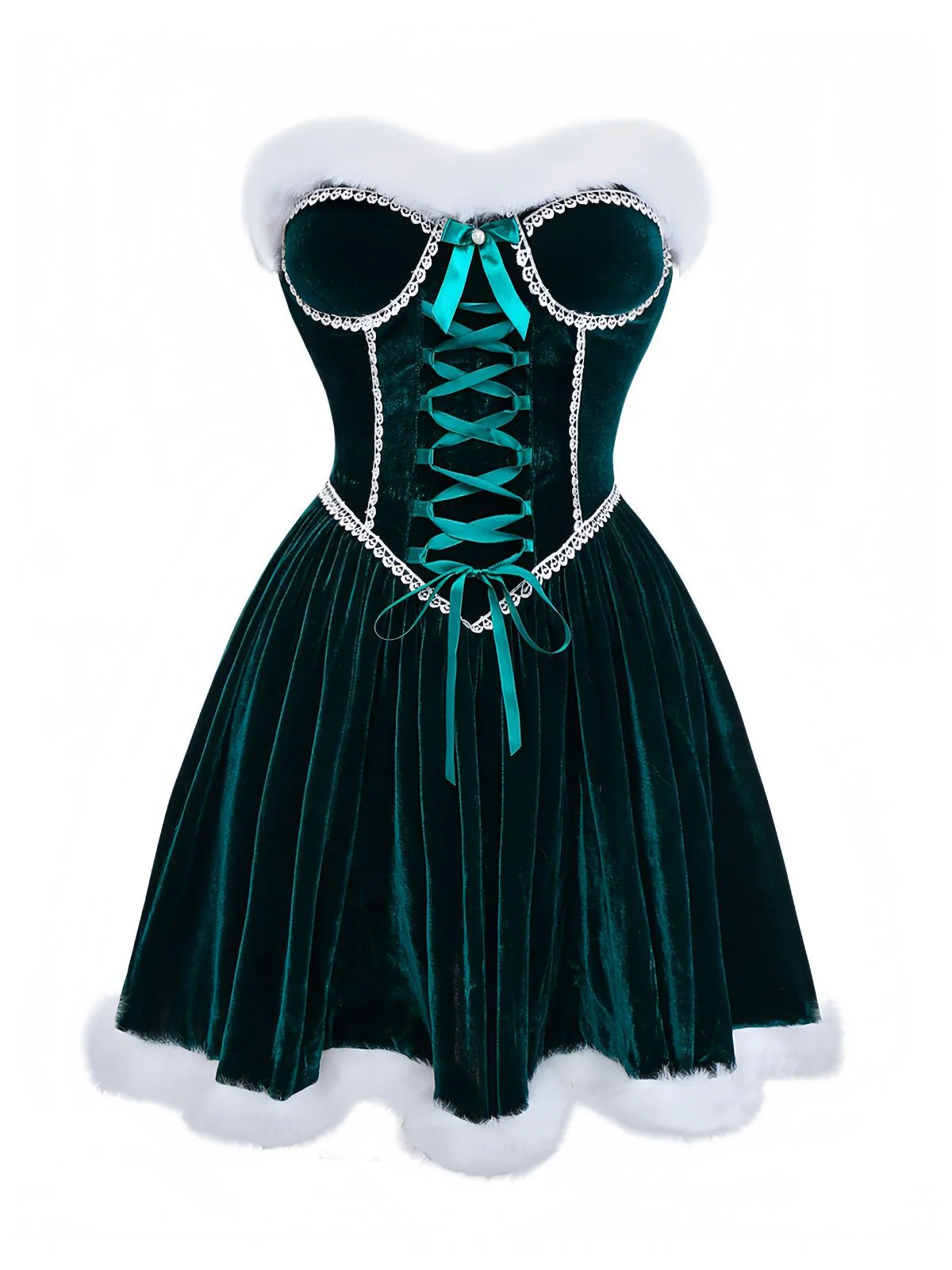 Green 1960s Velvet Fringe Strapless Mini Dress - Image 4