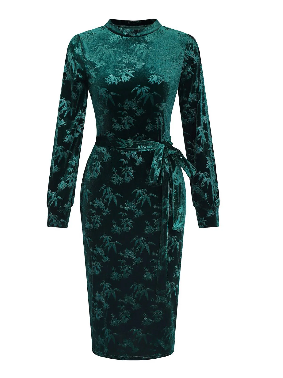 Green 1960s Velvet Plant Pattern Pencil Dress - Image 2