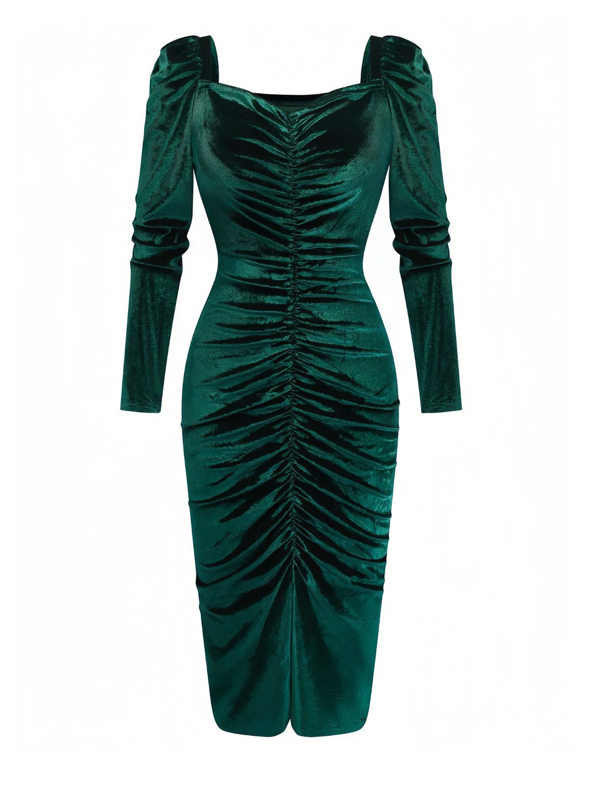 Green 1960s Velvet Ruched Long Sleeve Bodycon Dress - Image 2