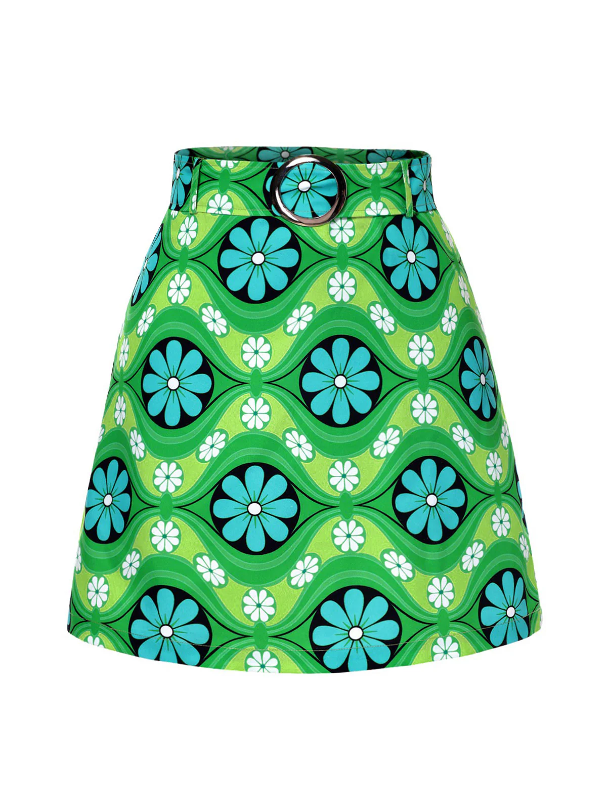 Green 1960s Vintage Floral Belted Mini Skirt - Image 2