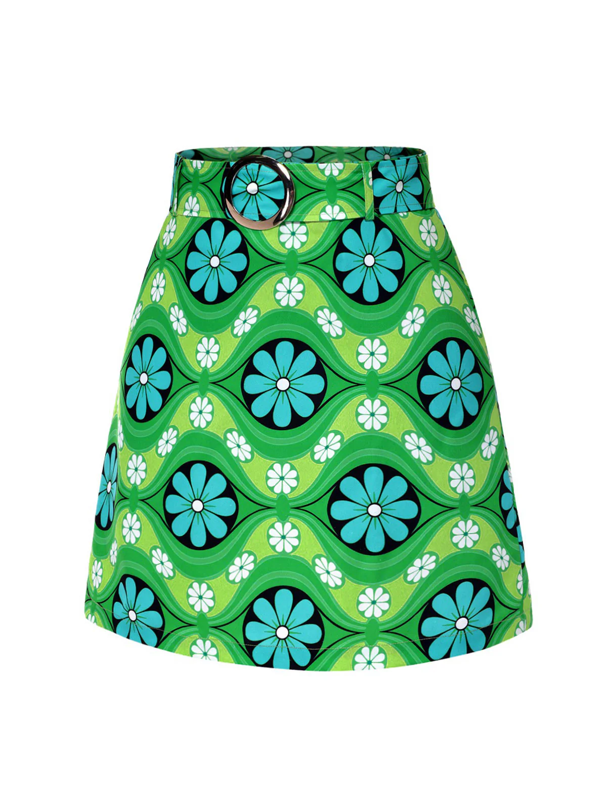 Green 1960s Vintage Floral Belted Mini Skirt - Image 3