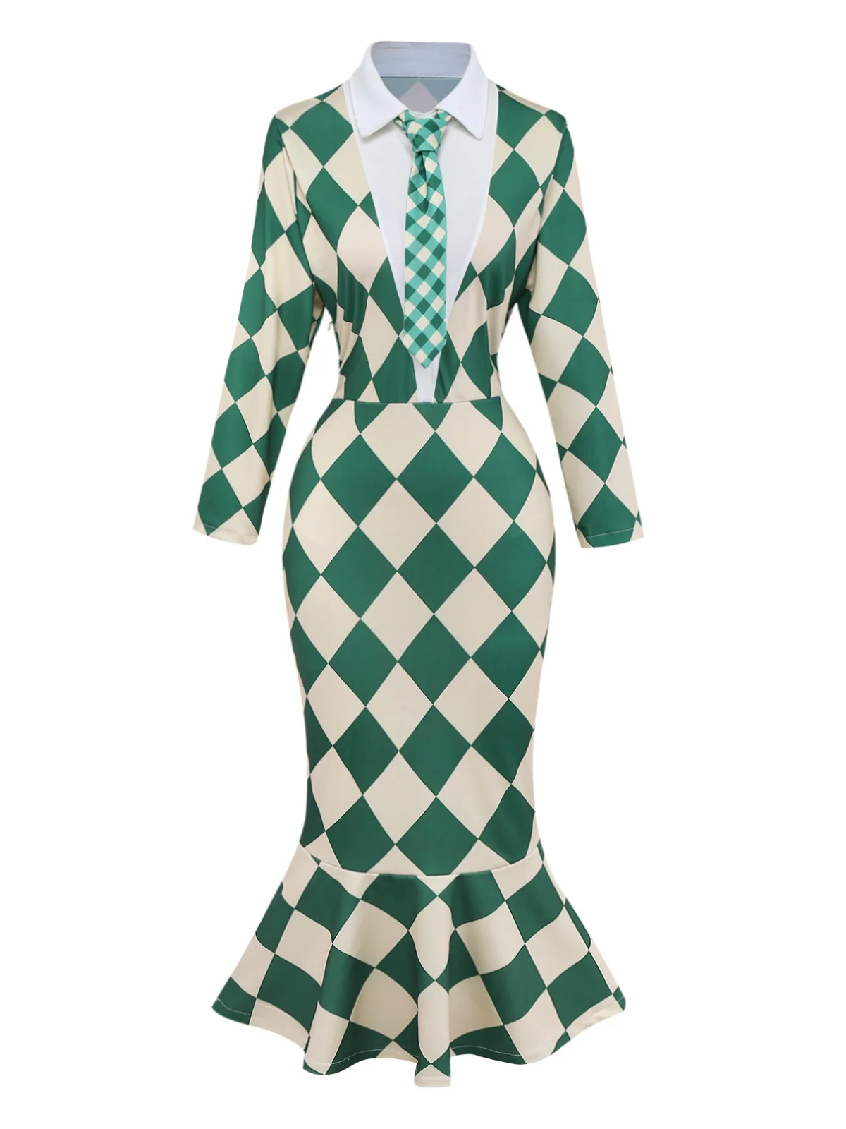 Green 1970s Argyle Fishtail Dress With Tie - Image 3