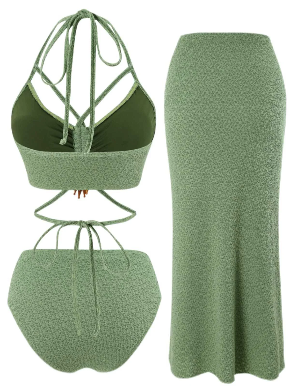 Green 1970s Boho Beaded Bikini Set & Ruched Cover-Up - Image 2