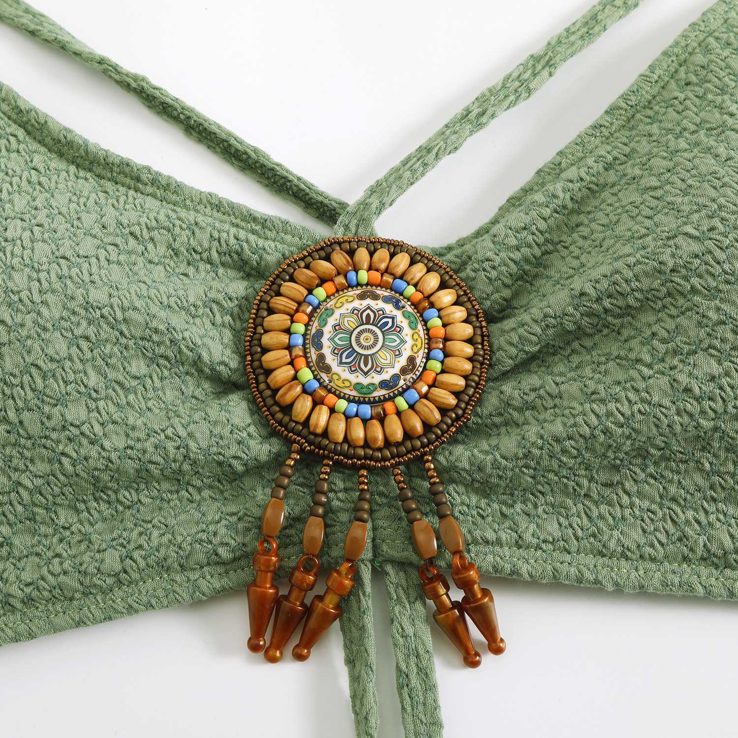Green 1970s Boho Beaded Bikini Set & Ruched Cover-Up - Image 5