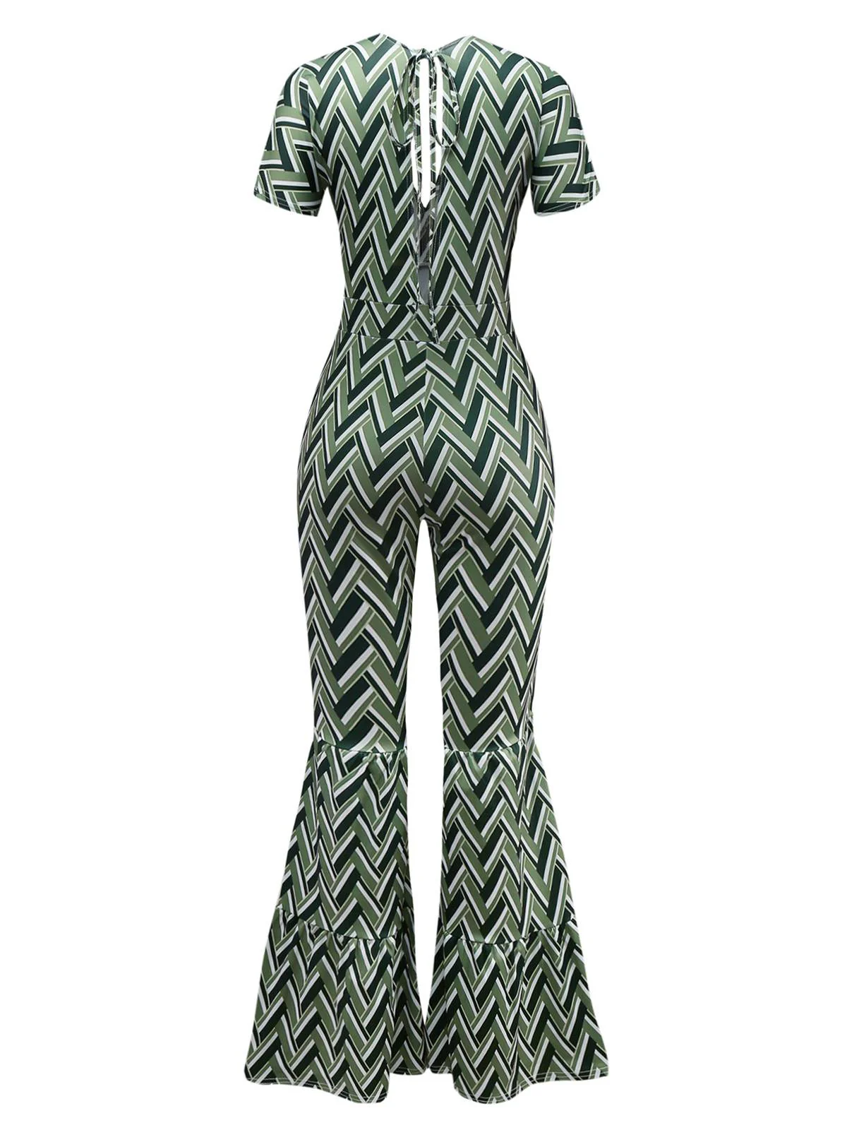 Green 1970s Boho Deep V-Neck Flare Leg Jumpsuit - Image 2