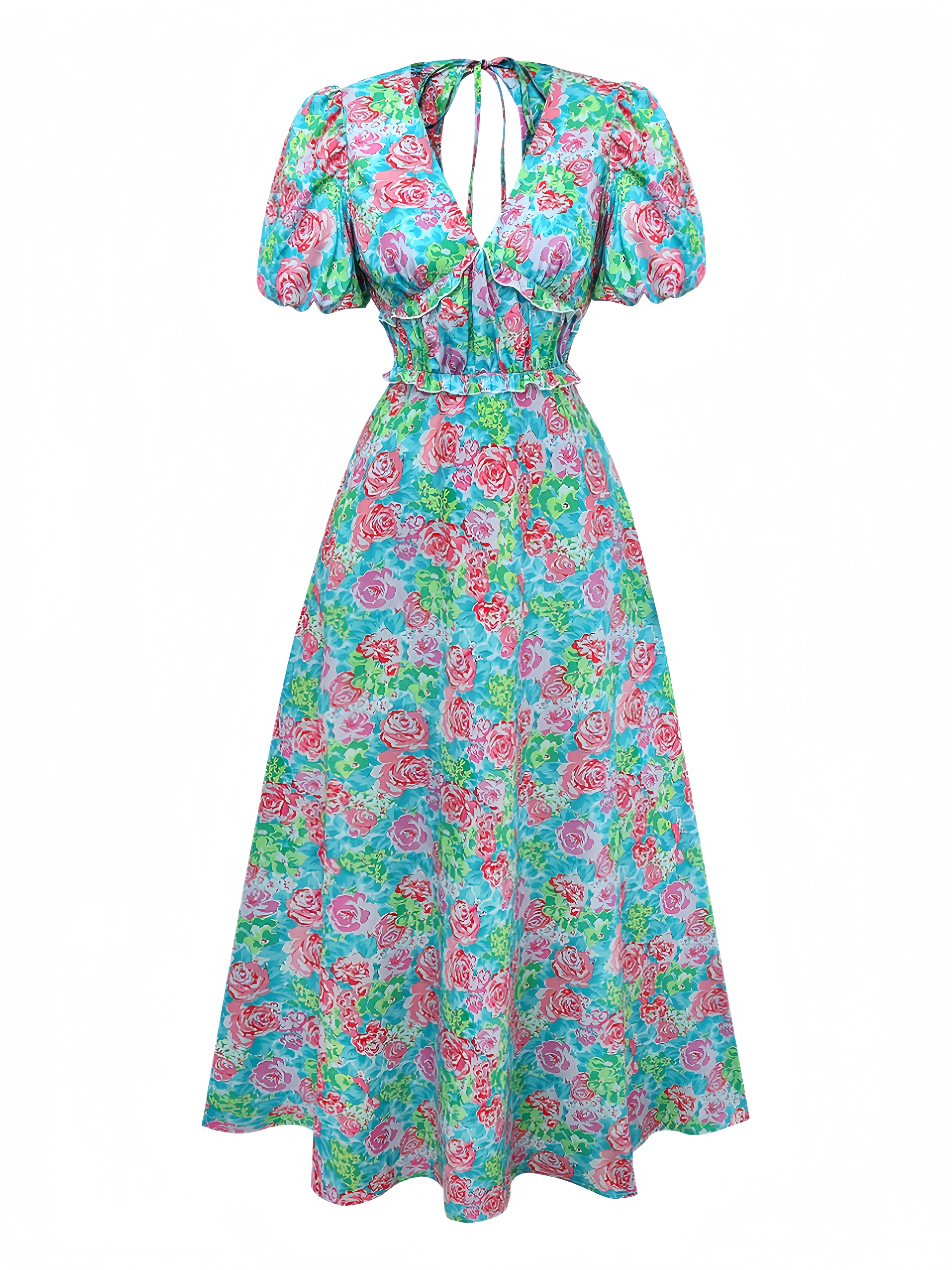 Green 1970s Boho Floral V-Neck Dress - Image 2