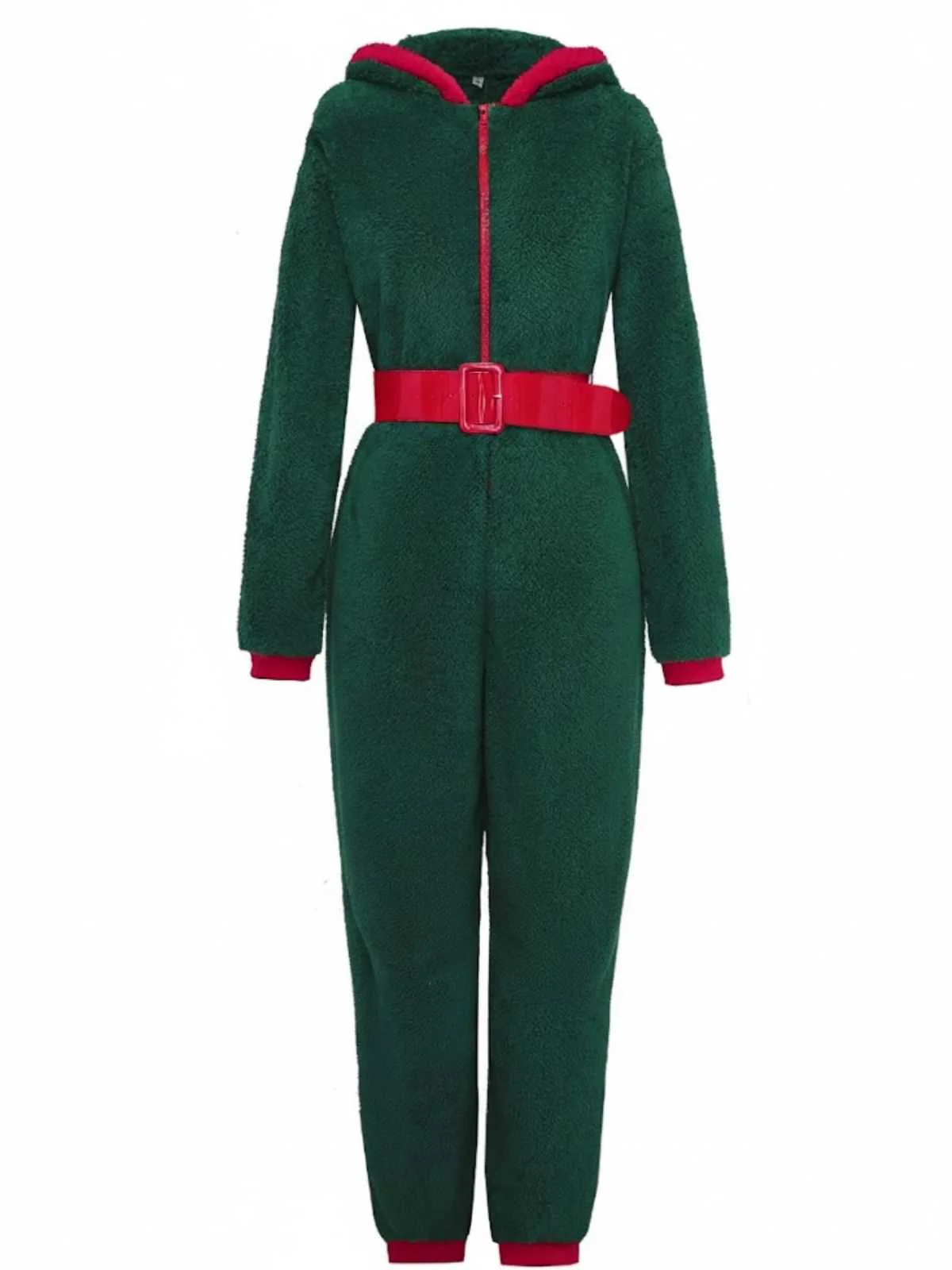 Green 1970s Christmas Sherpa Hooded Jumpsuit Pajama - Image 2