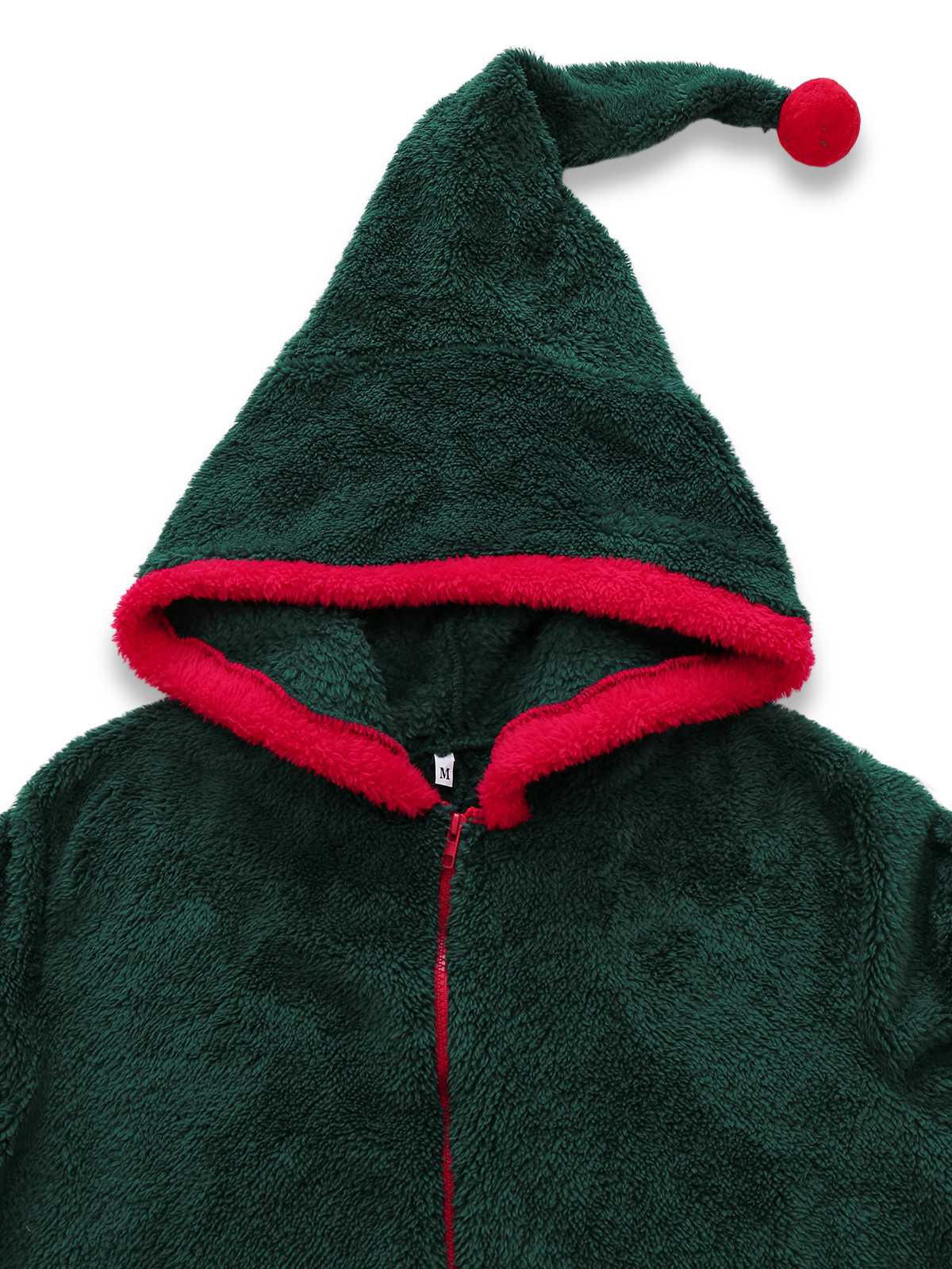 Green 1970s Christmas Sherpa Hooded Jumpsuit Pajama - Image 5