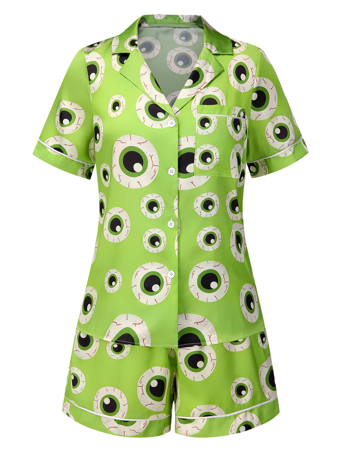 Green 1970s Halloween Eyeball Lapel Pajama Set - Image 3