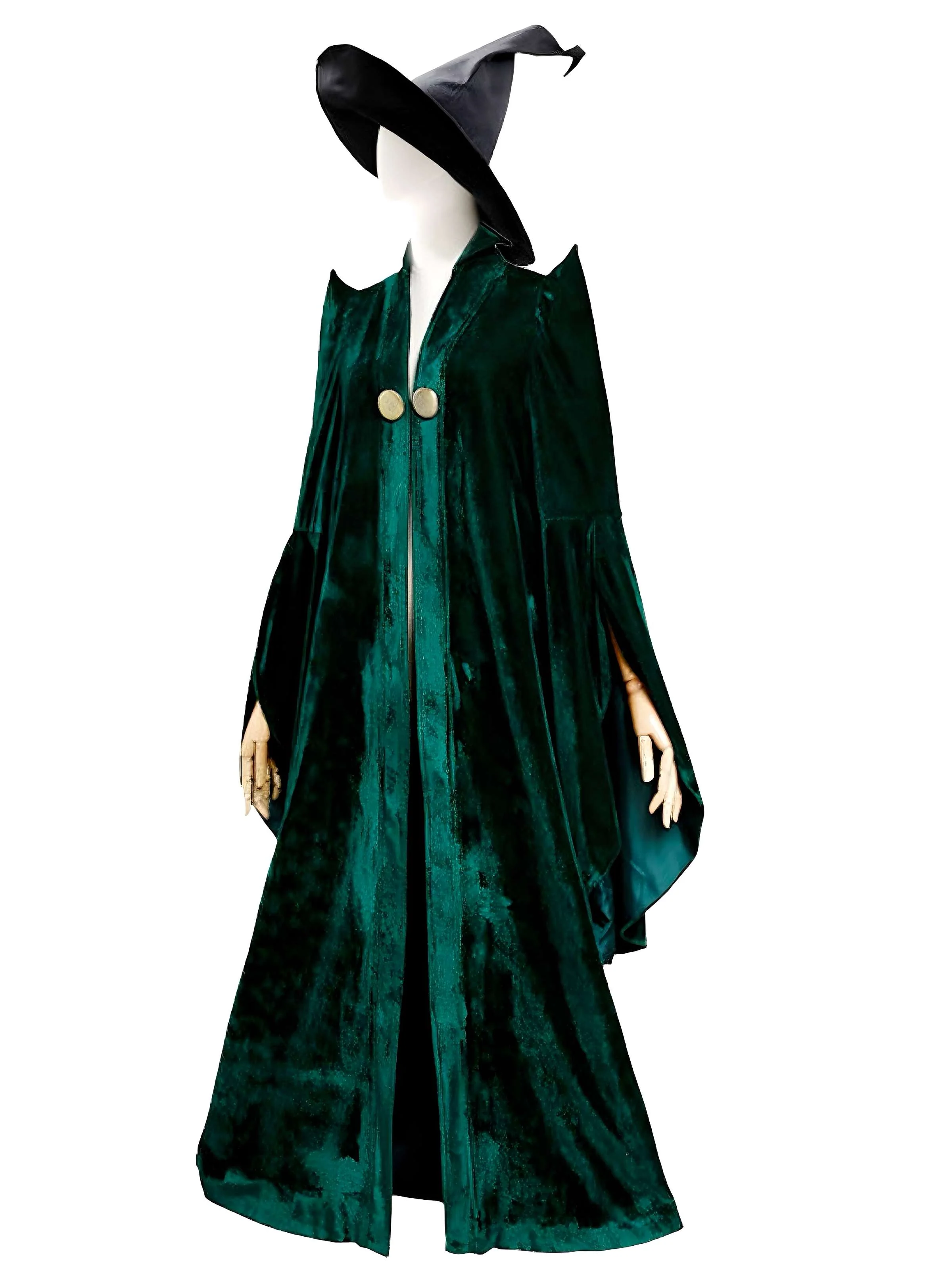 Green 1970s Halloween Velvet Witch Costume Cloak - Image 2
