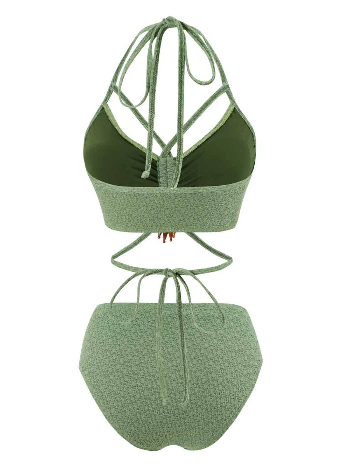 Green 1970s Halter Boho Beaded Bikini Set - Image 2