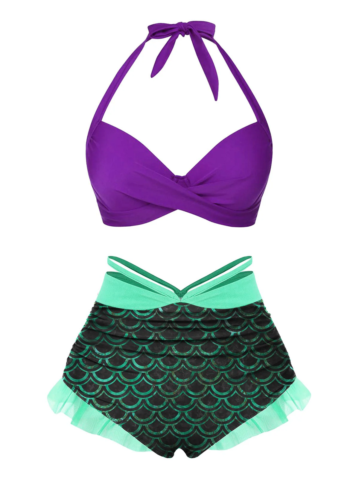 Green 1970s Halter Mermaid Scales Swimsuit - Image 3