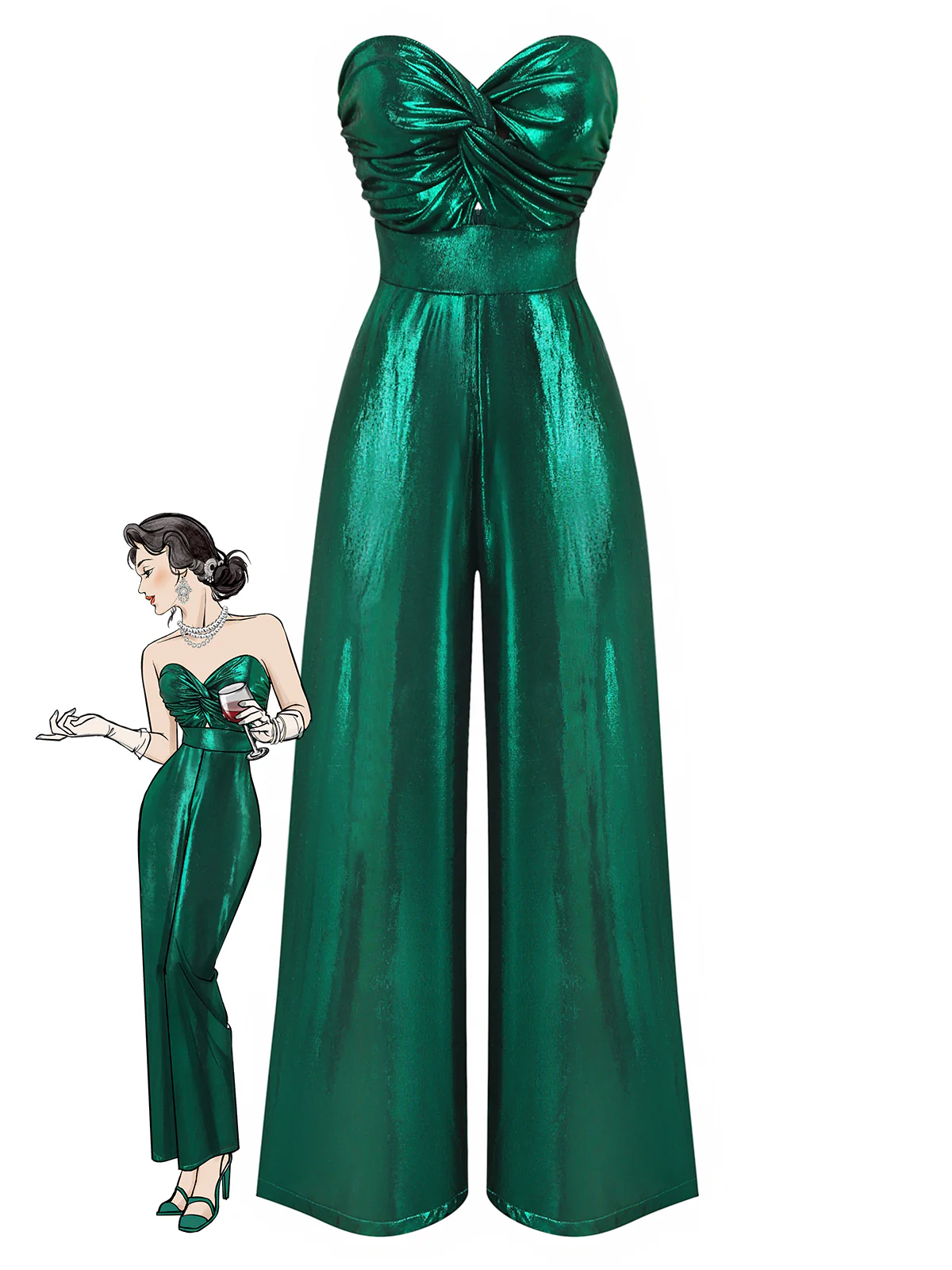 Green 1970s Knotted Cut-Out Glossy Jumpsuit - Image 2