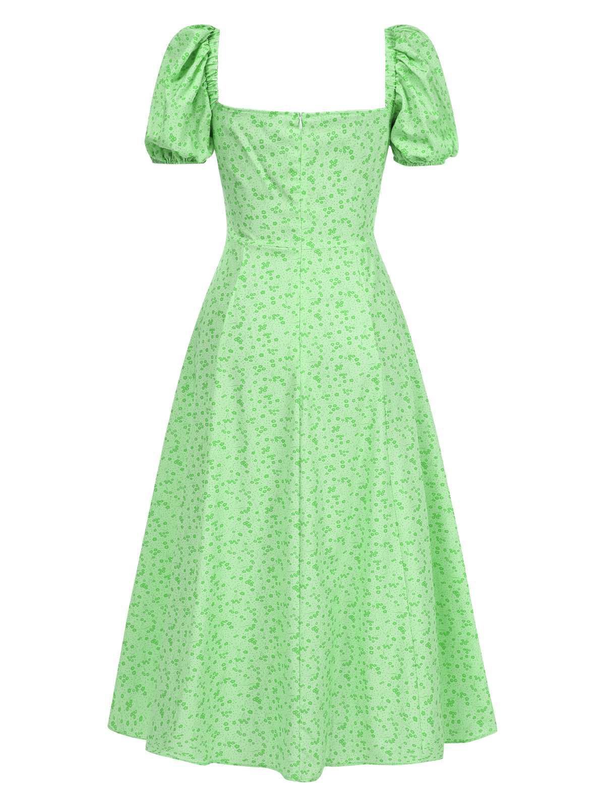 Green 1970s Puff Sleeve Ditsy Floral Slit Dress - Image 2