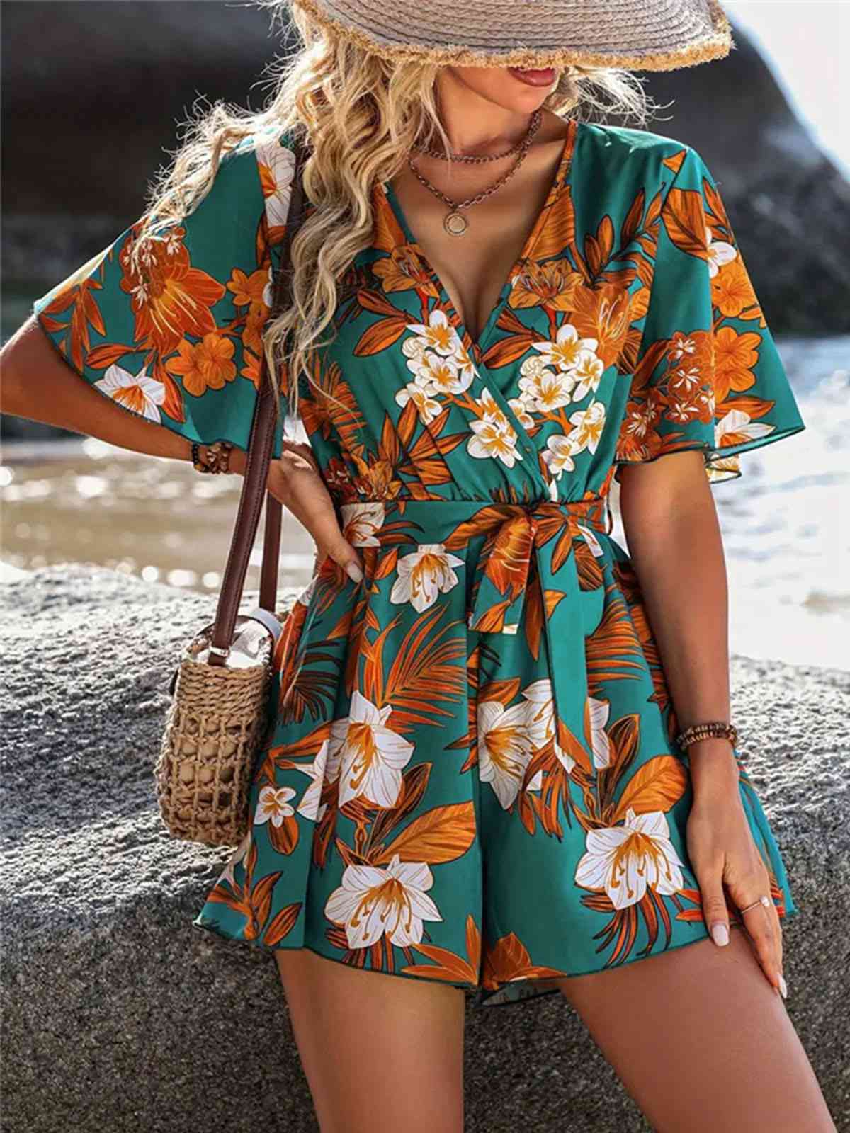 Green 1970s V-Neck Ruffle Sleeves Romper - Image 3