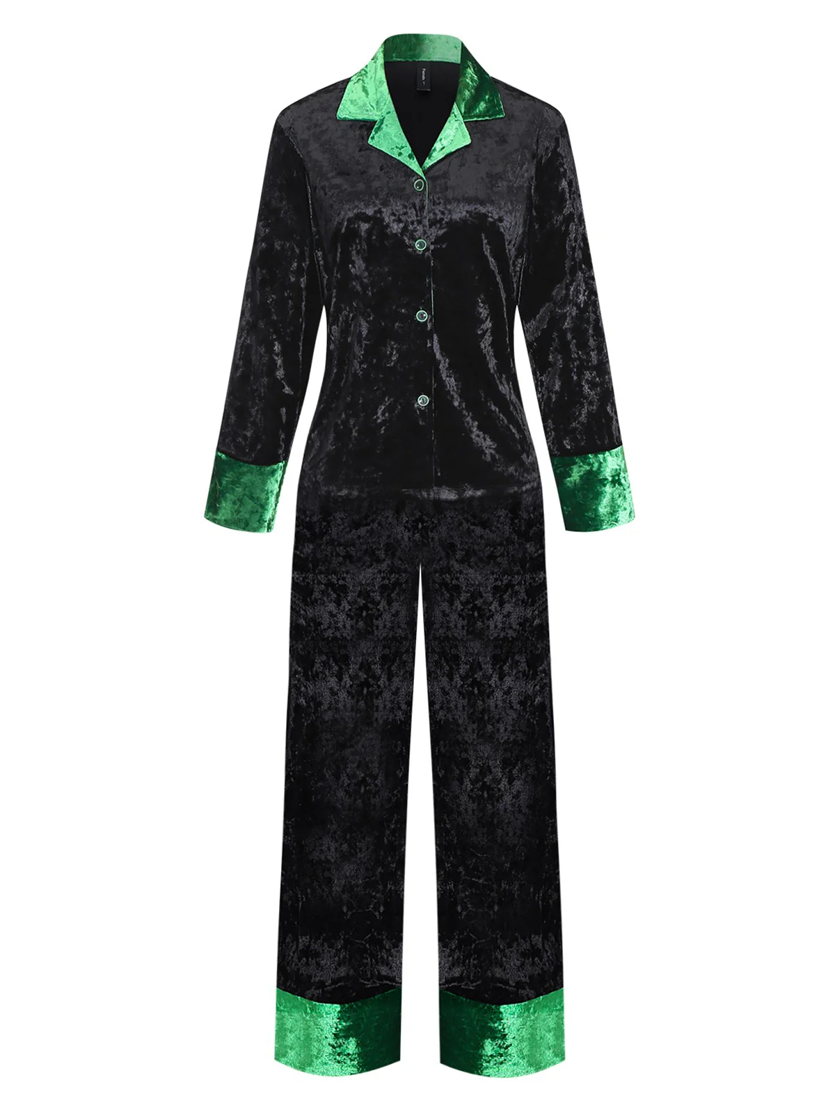 Green & Black 1960s Shimmer Velvet Notched Collar Pajama Set - Image 2