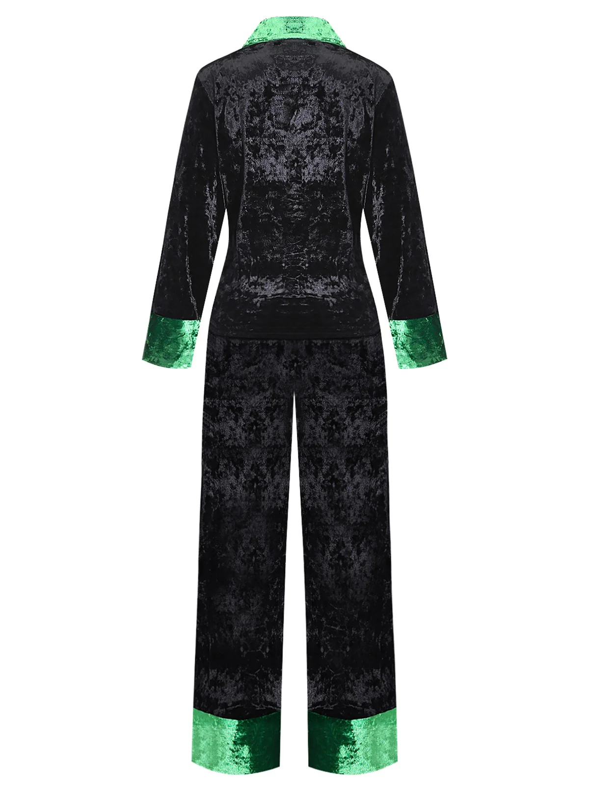 Green & Black 1960s Shimmer Velvet Notched Collar Pajama Set - Image 3