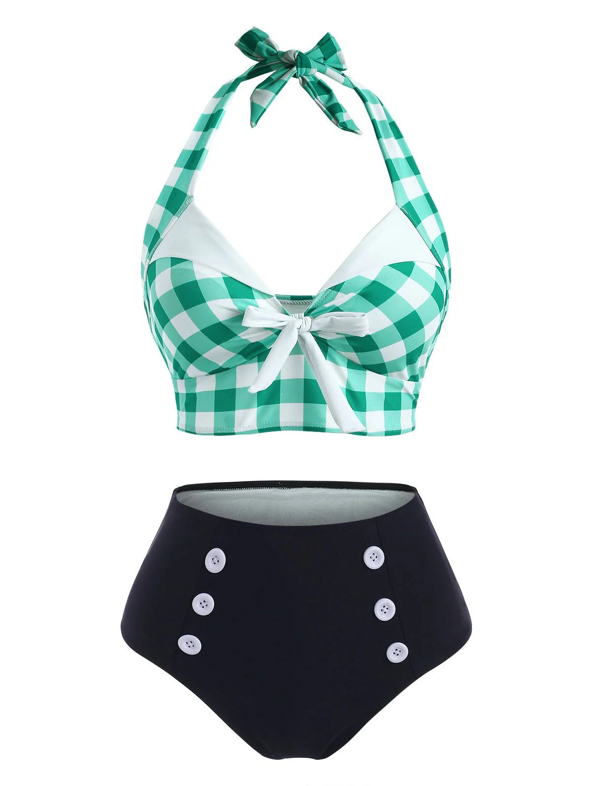 Green Checked Halter Bowknot Bikini Set - Image 5