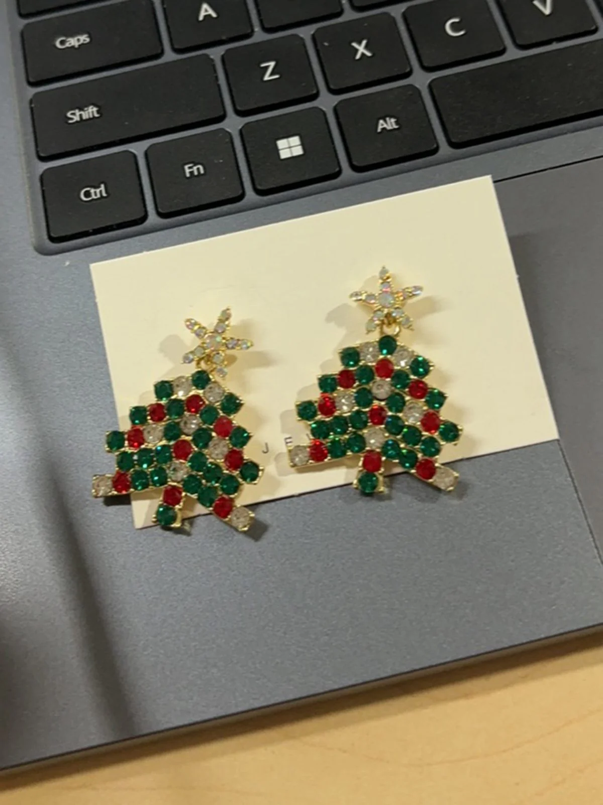 Green Christmas Tree & Star Rhinestones Earrings - Image 2