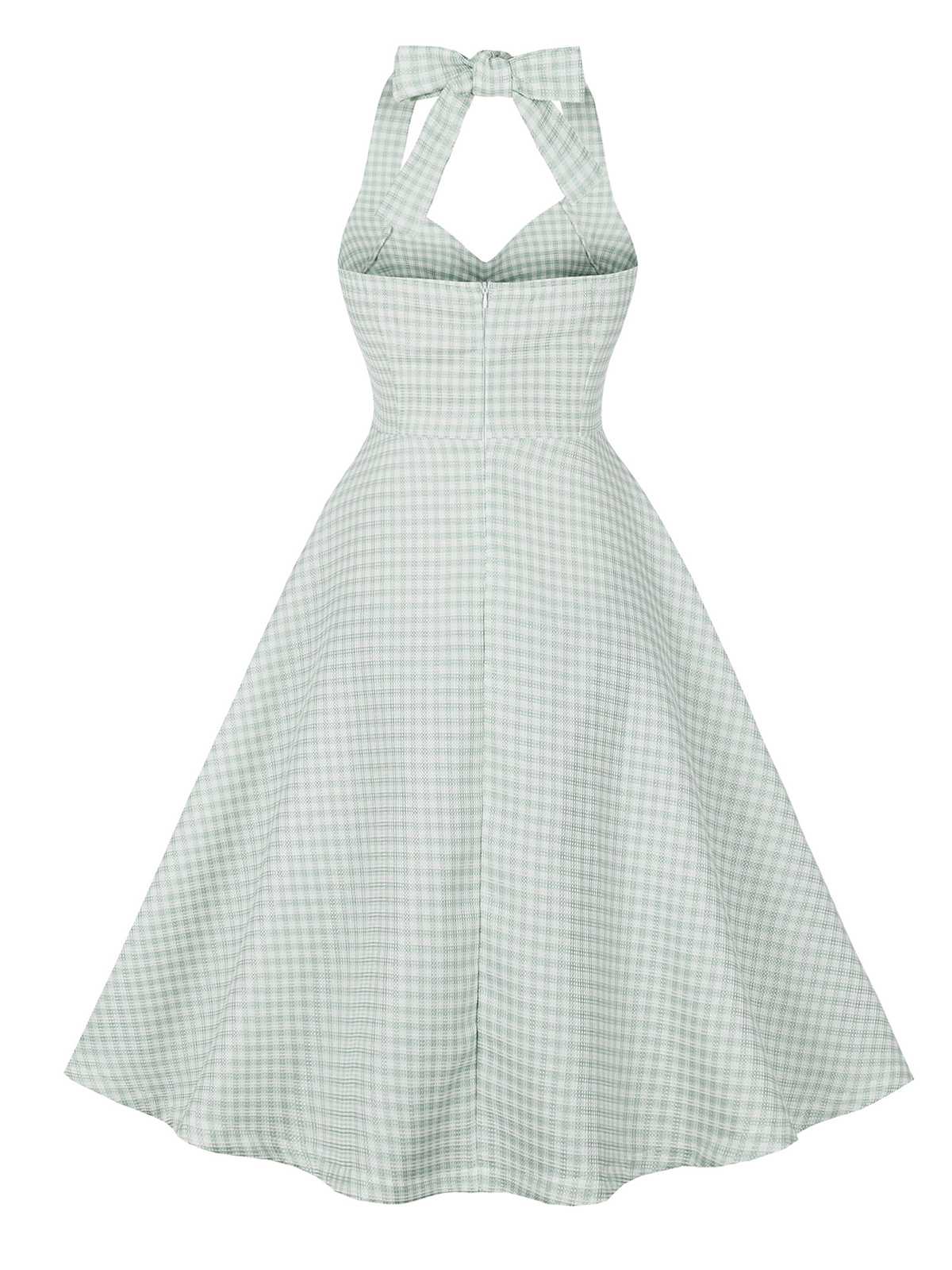Green Gray 1950s Halter Plaids Dress - Image 2