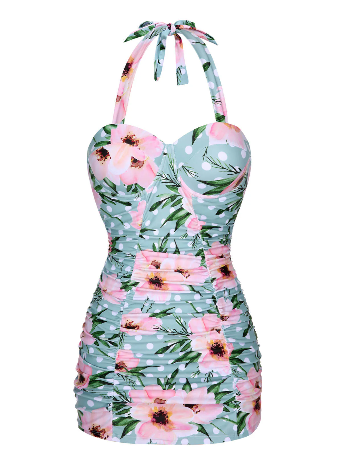 Green & Pink 1930s Floral Polka Dot Halter Swimsuit - Image 2