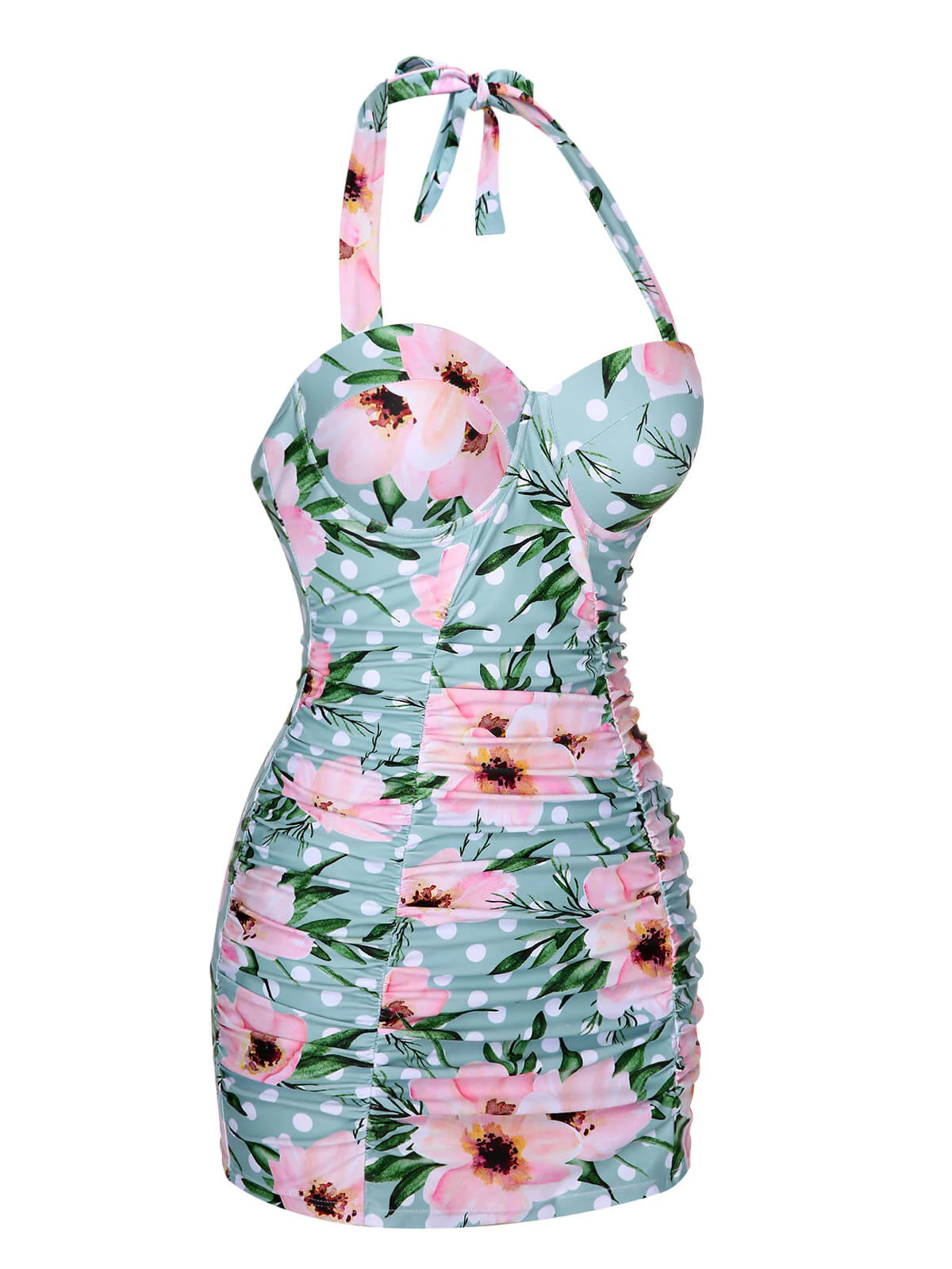 Green & Pink 1930s Floral Polka Dot Halter Swimsuit - Image 3