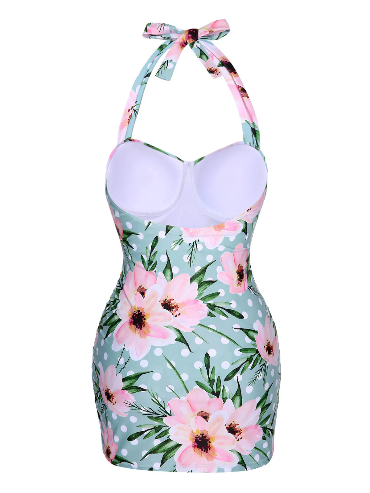 Green & Pink 1930s Floral Polka Dot Halter Swimsuit - Image 4