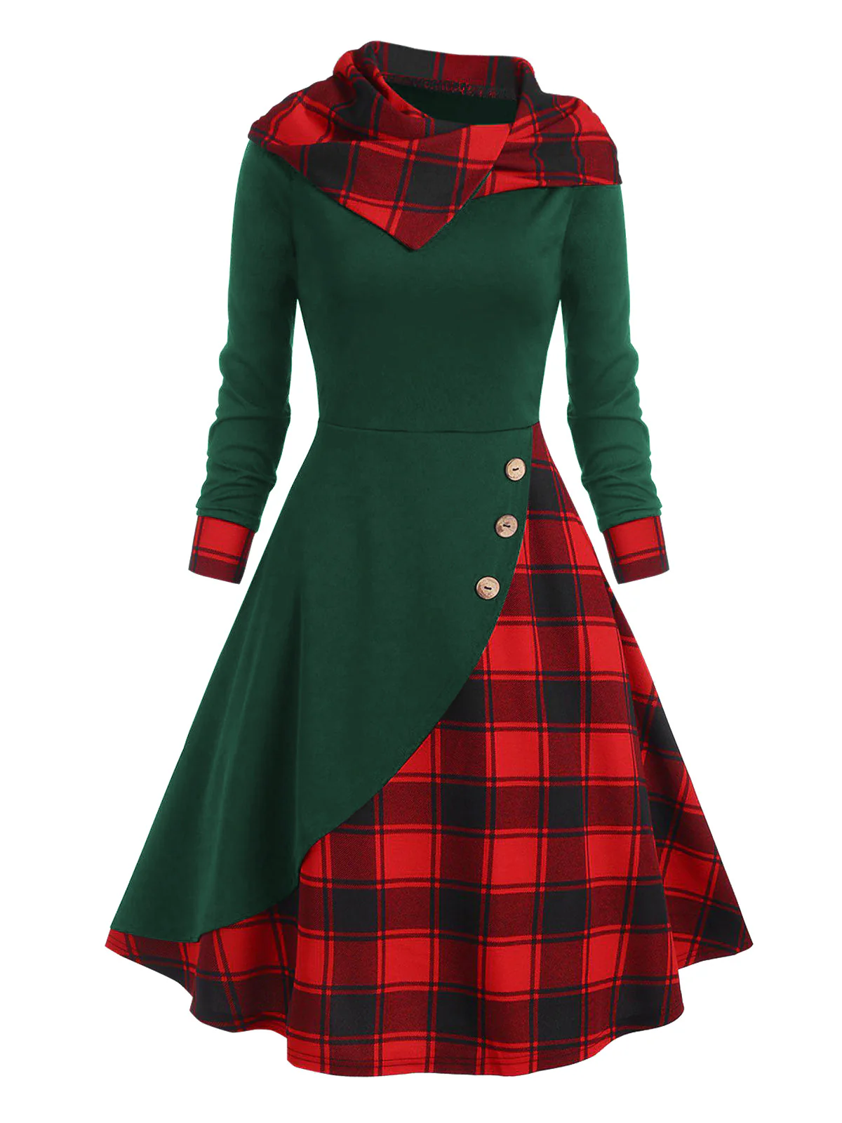 Green&Red 1950s Christmas Plaids Hooded Dress - Image 3