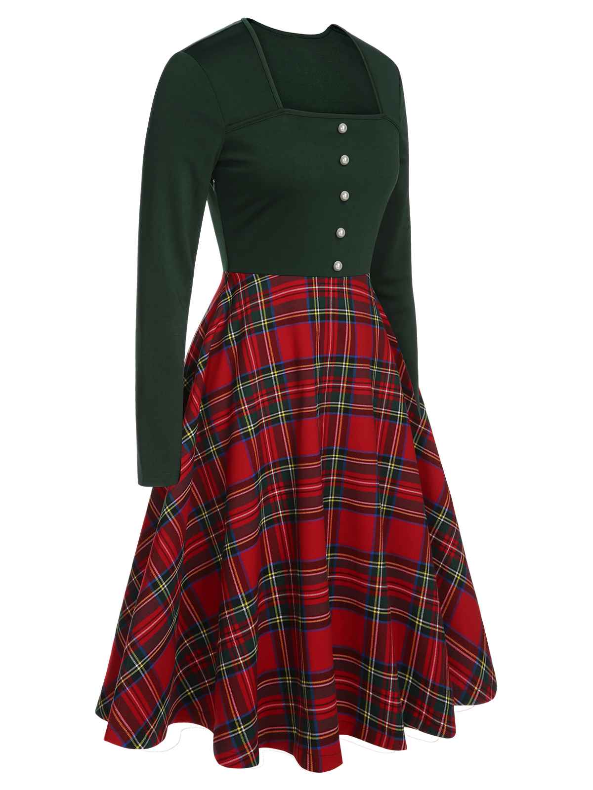 Green&Red 1950s Square Neck Plaids Long Sleeve Dress - Image 3