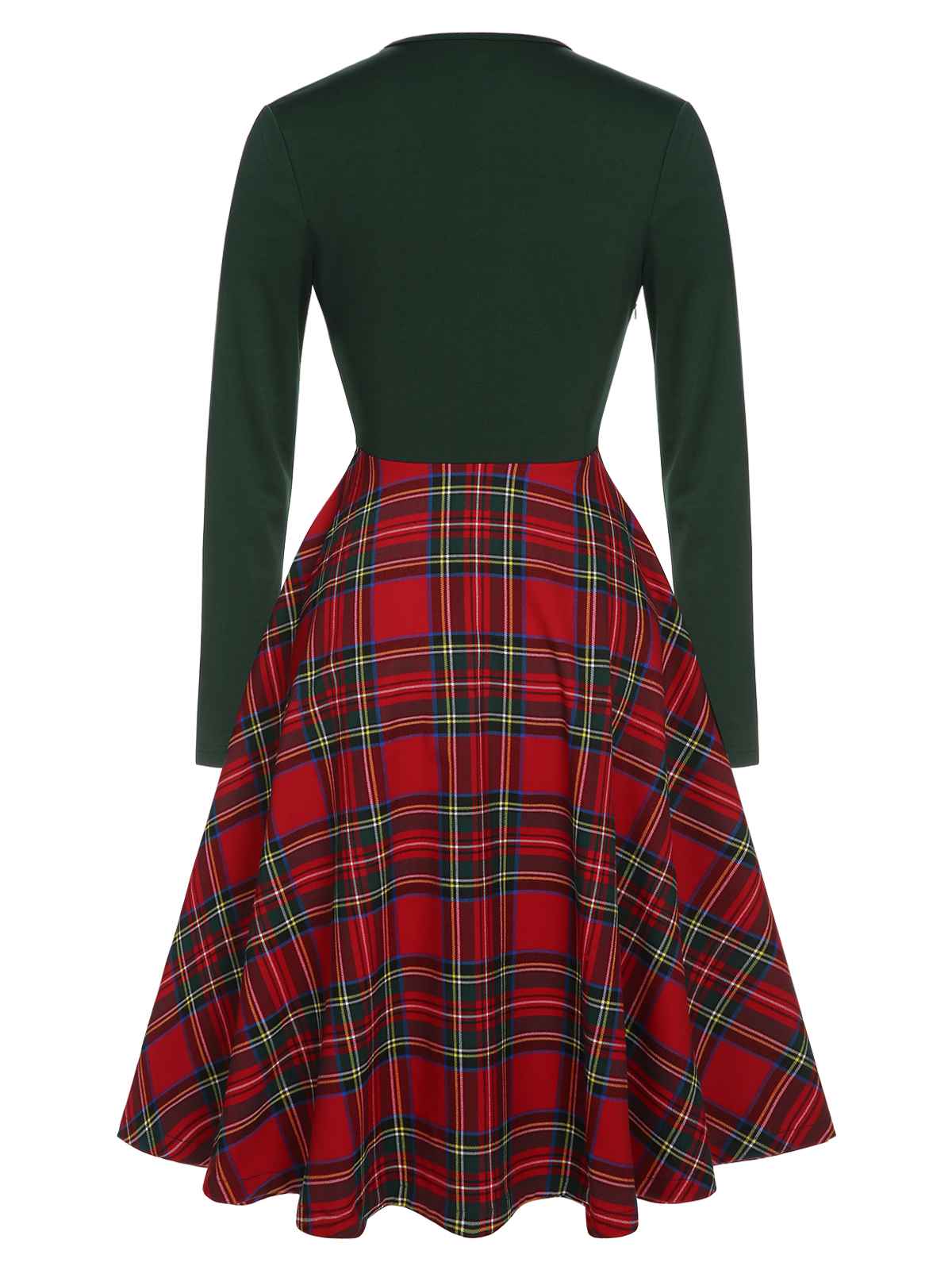 Green&Red 1950s Square Neck Plaids Long Sleeve Dress - Image 4