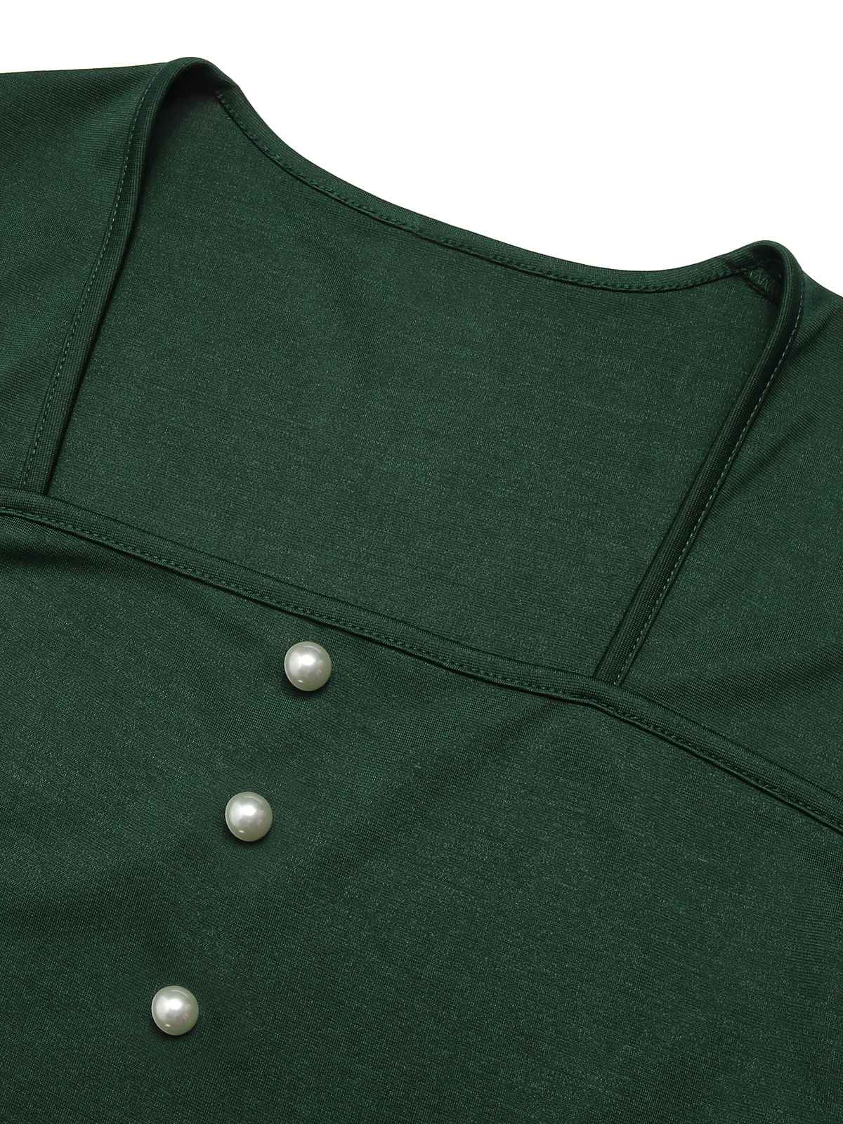 Green&Red 1950s Square Neck Plaids Long Sleeve Dress - Image 5