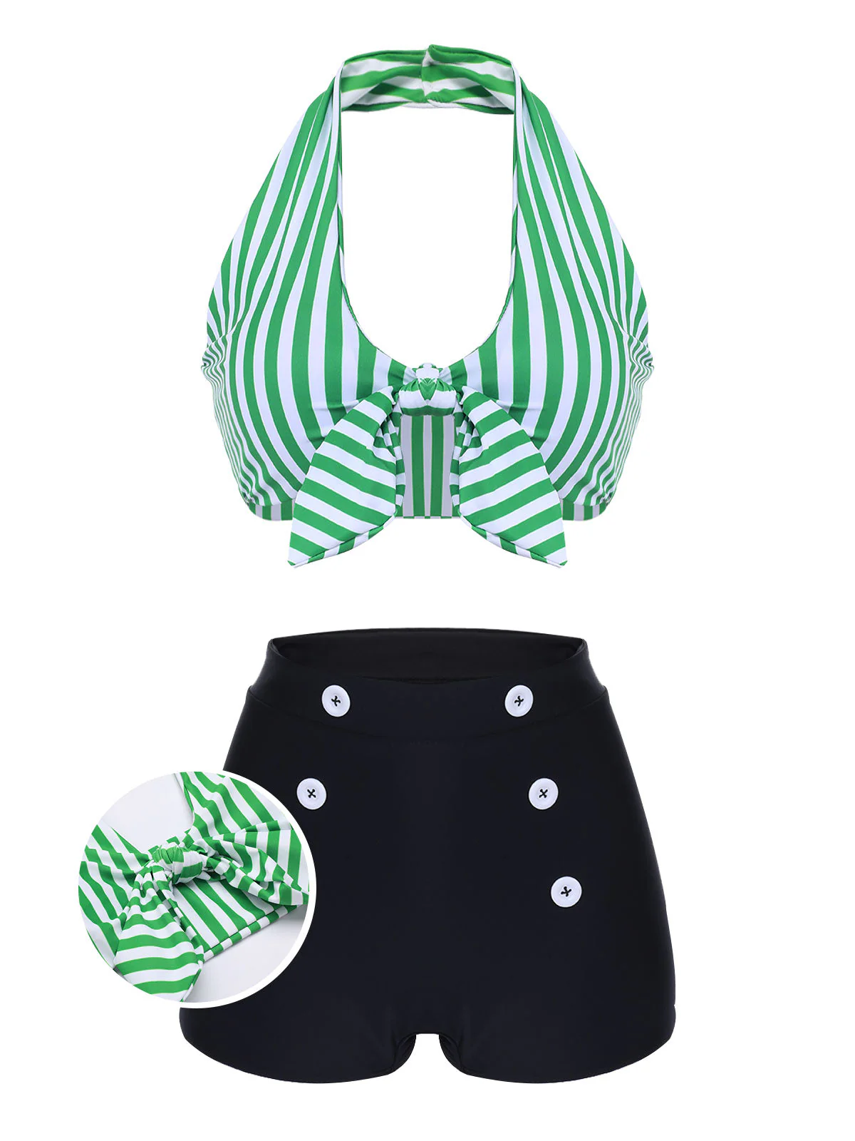 Green Retro Halter Stripes Bikini Set - Image 3