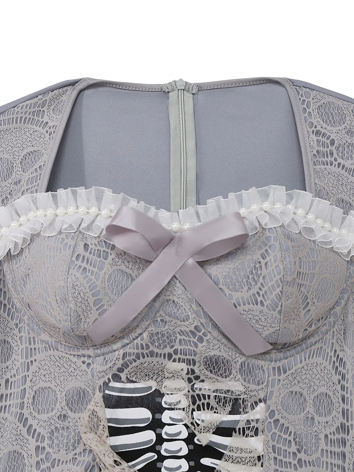 Grey 1930s Halloween Ghost Bride Mesh Dress - Image 3