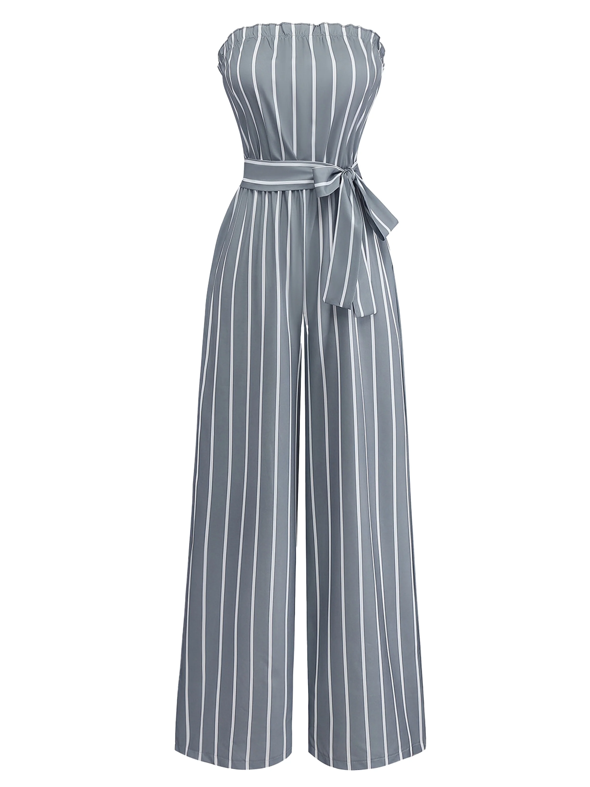 Grey 1930s Strapless Striped Belted Jumpsuit - Image 2