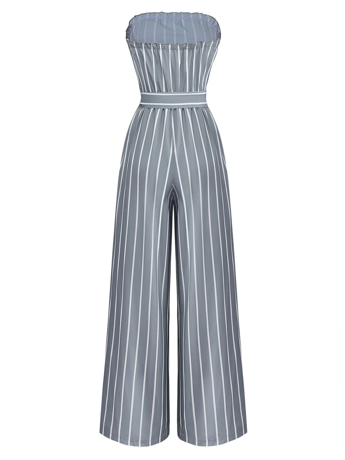 Grey 1930s Strapless Striped Belted Jumpsuit - Image 3