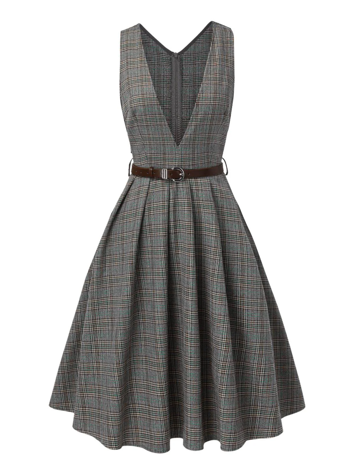 Grey 1940s Deep V-Neck Glen Plaid Dress - Image 3