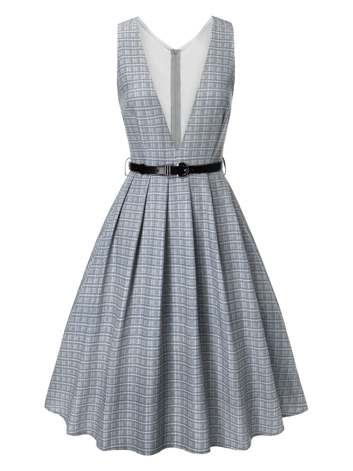 Grey 1940s Deep V-Neck Glen Plaid Dress - Image 9