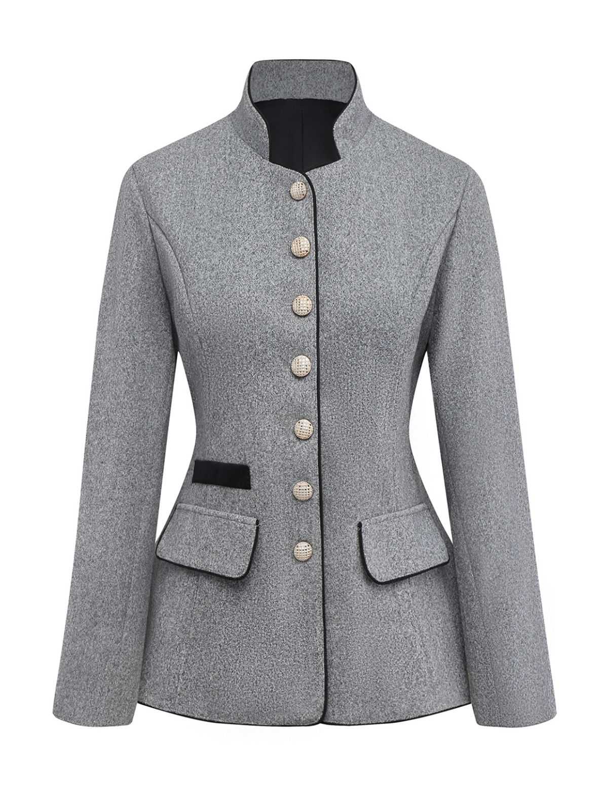 Grey 1940s Faux-Wool Stand Collar Buttons Jacket - Image 2