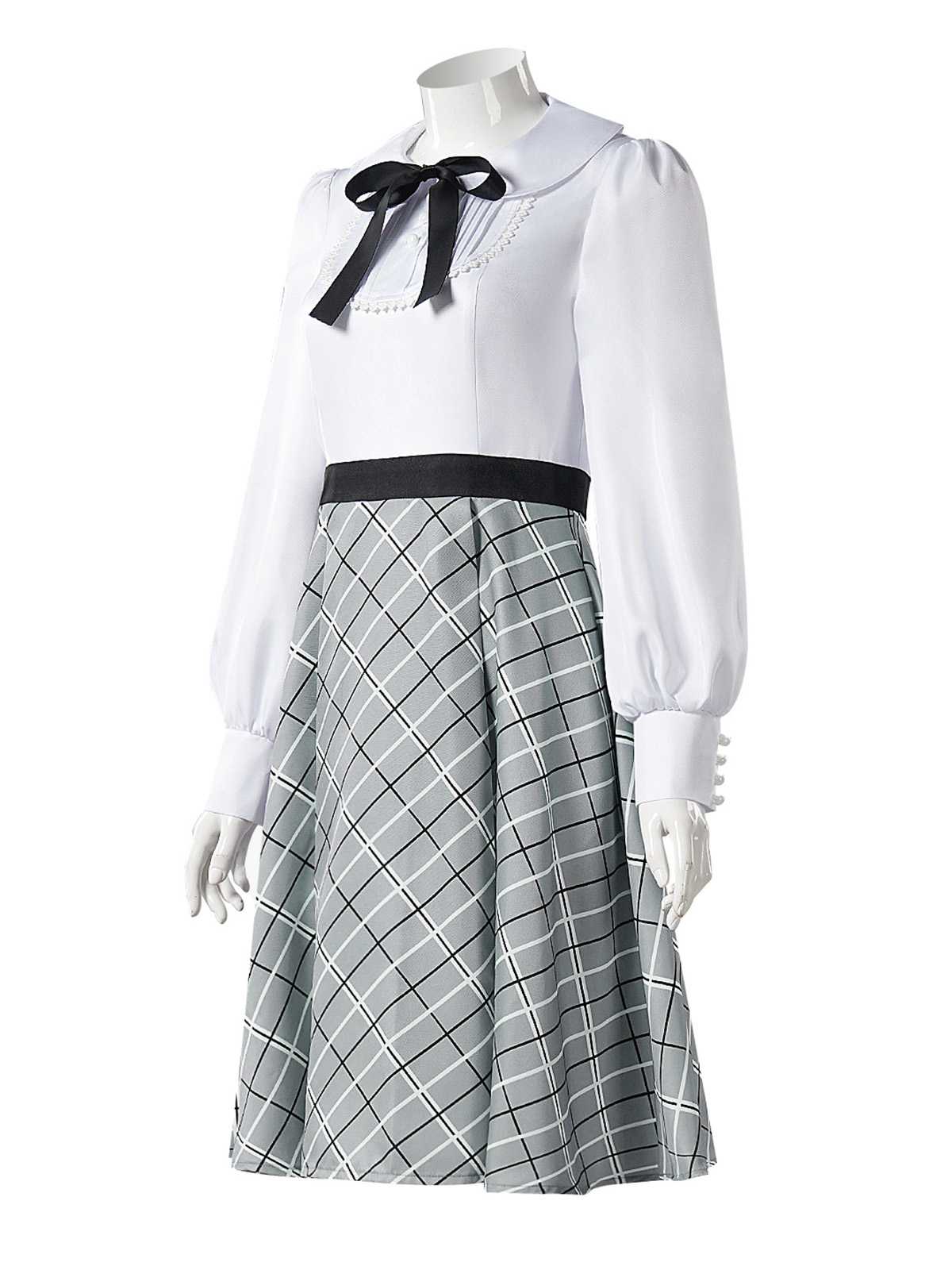 Grey 1940s Peter Pan Collar Bow Plaid Dress - Image 2