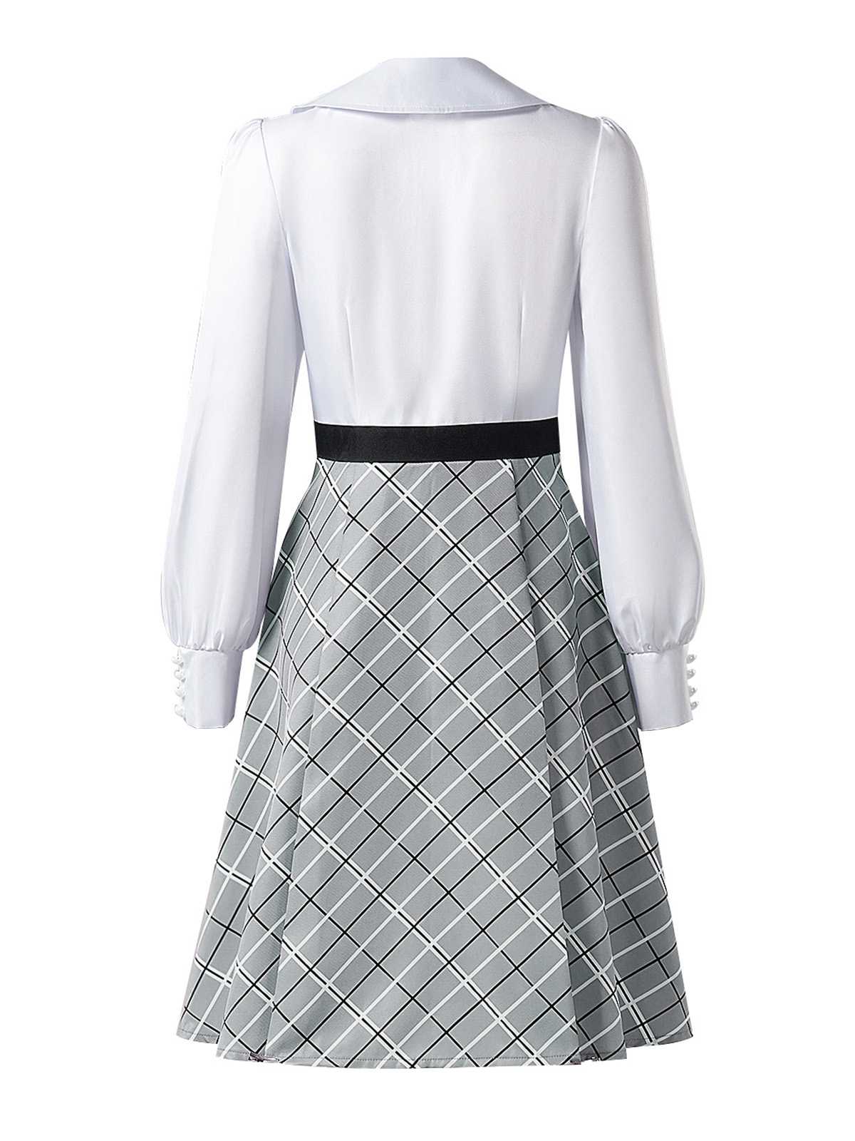 Grey 1940s Peter Pan Collar Bow Plaid Dress - Image 3