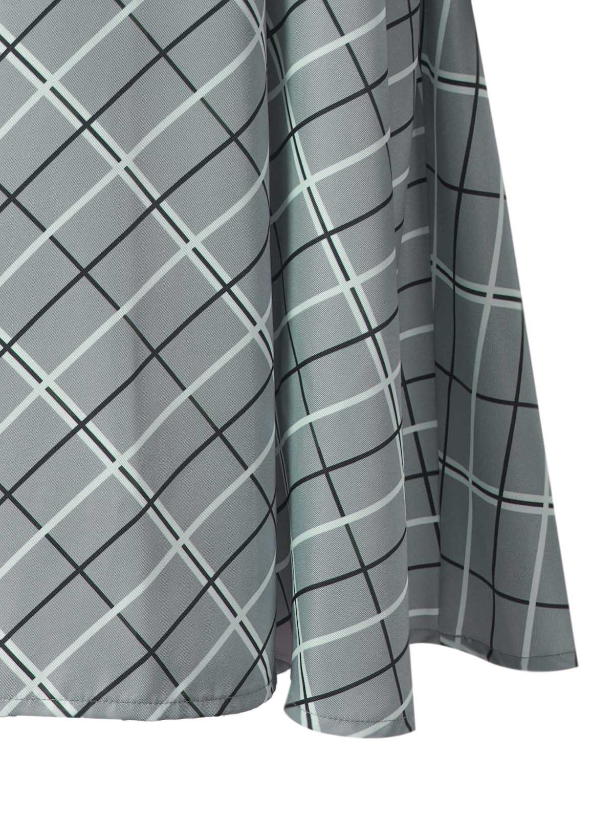 Grey 1940s Peter Pan Collar Bow Plaid Dress - Image 5