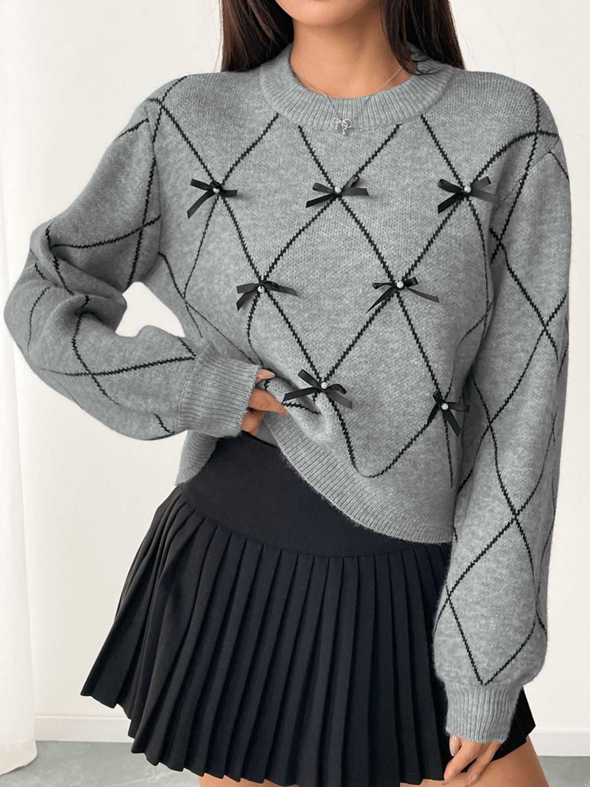 Grey 1950s Round Neck Bow Pullover Sweater - Image 2