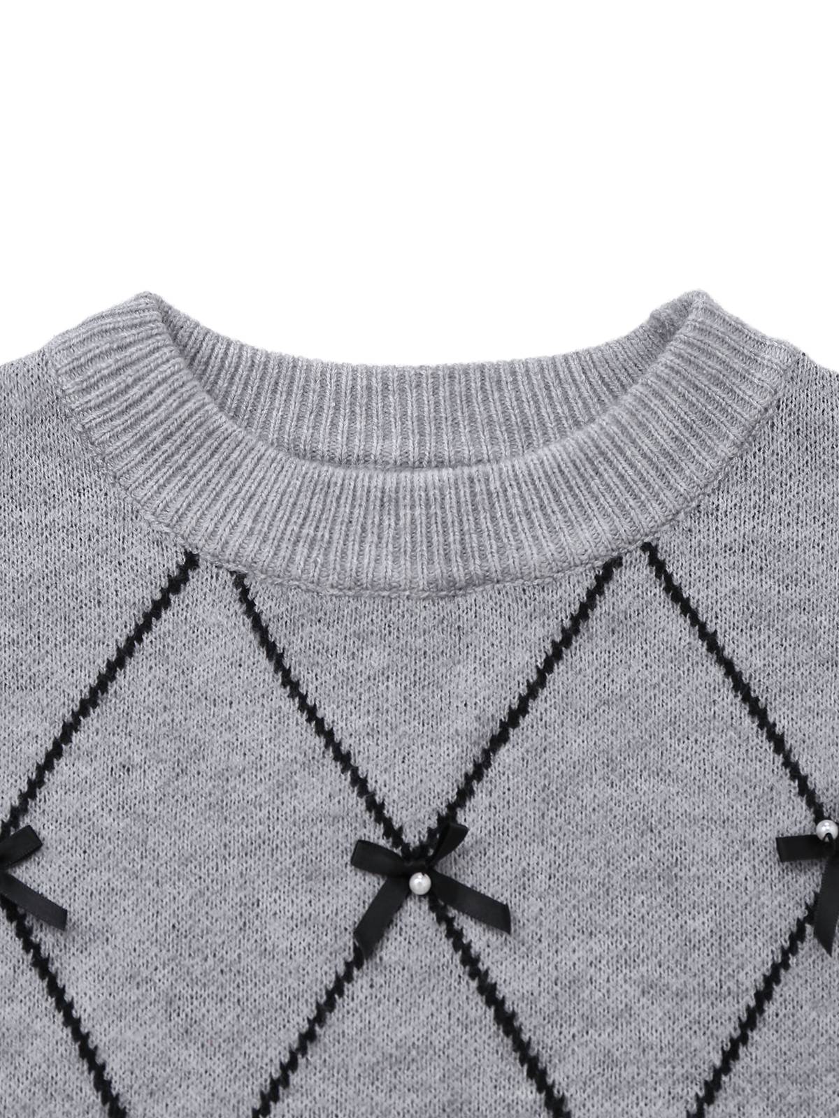 Grey 1950s Round Neck Bow Pullover Sweater - Image 4