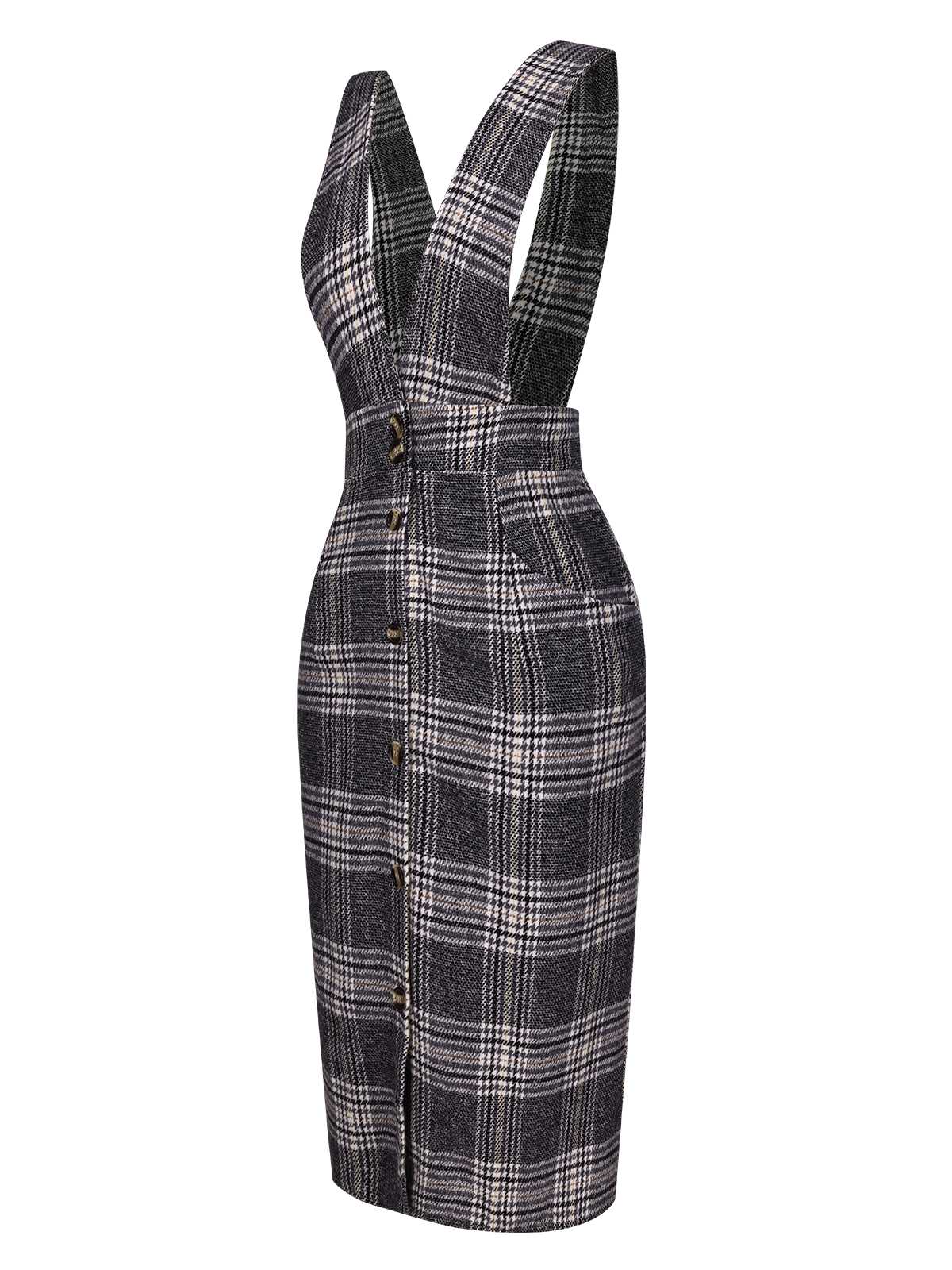 Grey 1960s Button Plaid Pinafore Dress - Image 3