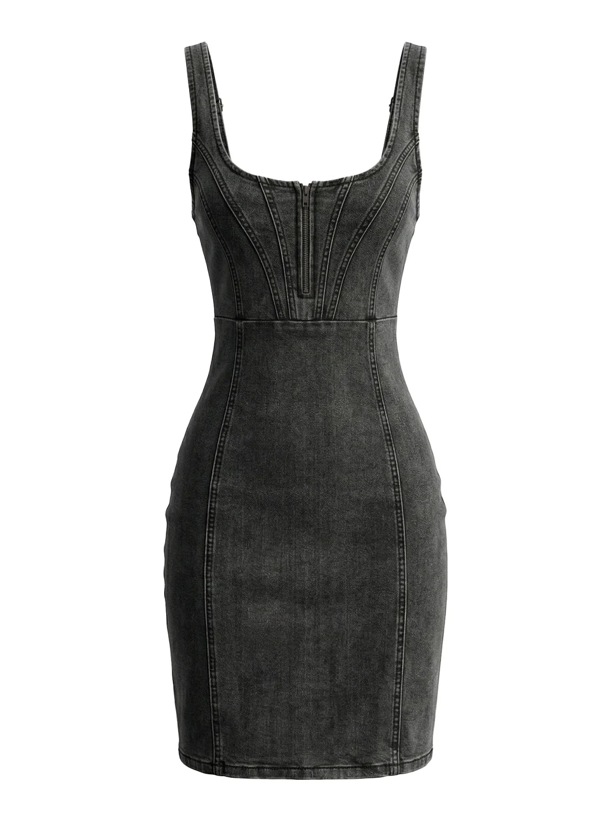Grey 1960s U-Neck Denim Spaghetti Strap Dress