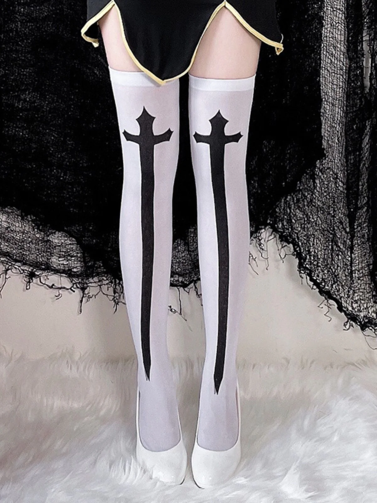 Halloween Cross Print Thigh High Stockings - Image 2