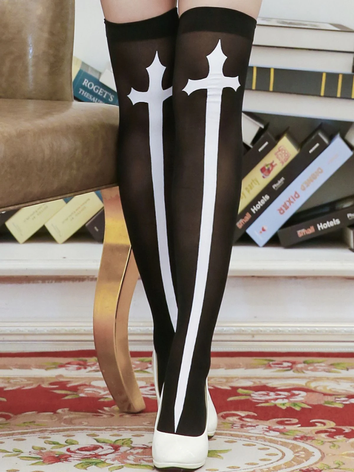 Halloween Cross Print Thigh High Stockings - Image 4