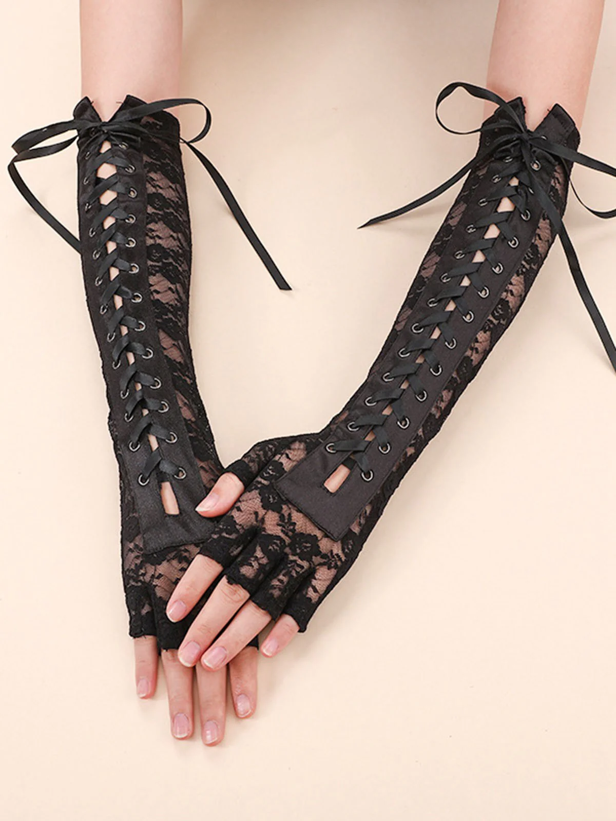 Halloween Punk Party Lace-Up Half Finger Gloves - Image 10