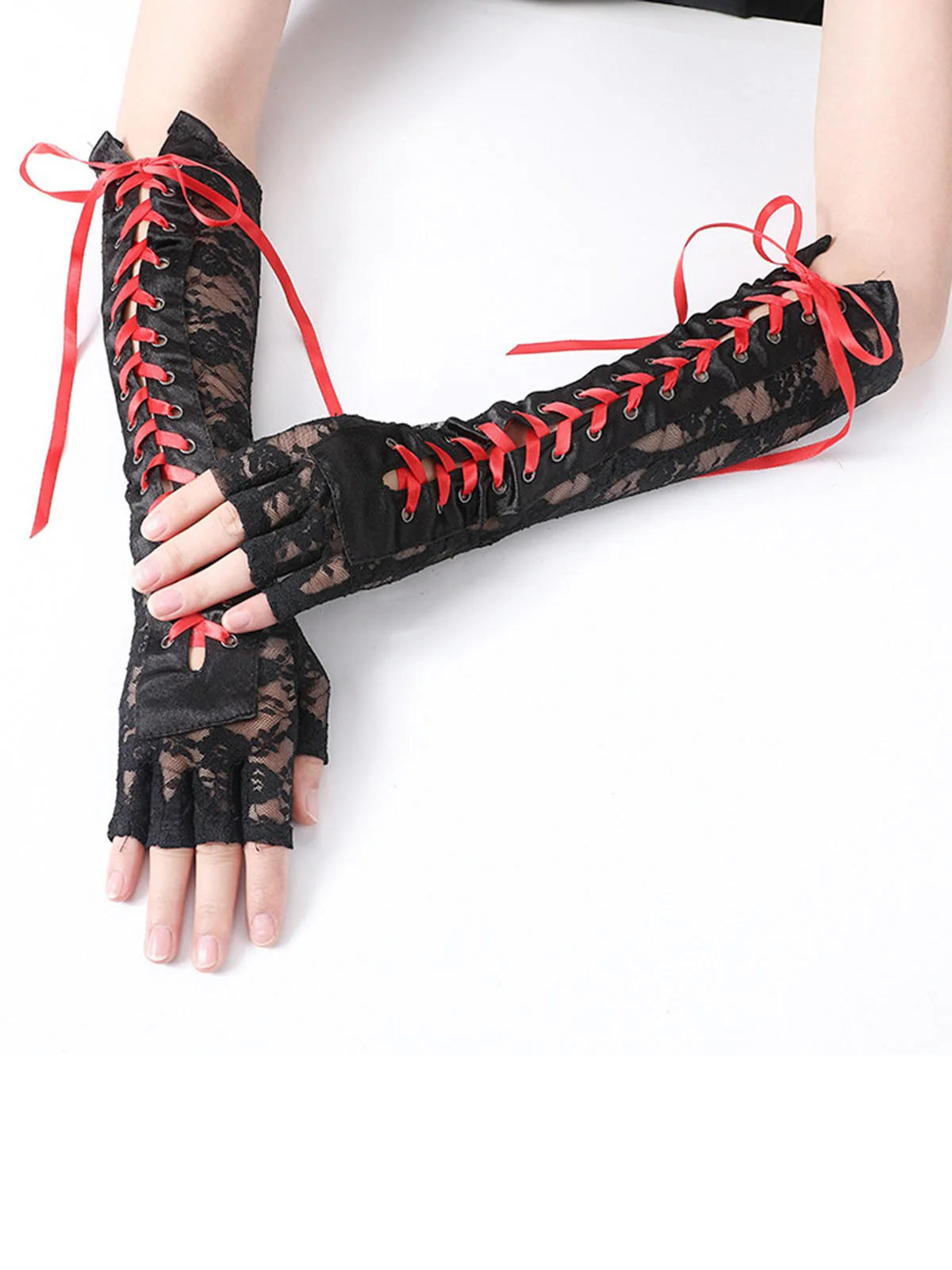 Halloween Punk Party Lace-Up Half Finger Gloves - Image 13