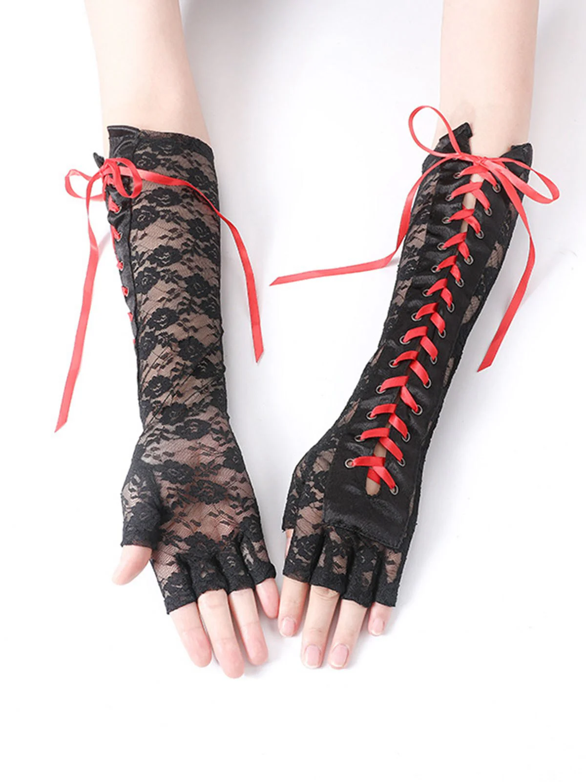 Halloween Punk Party Lace-Up Half Finger Gloves - Image 14